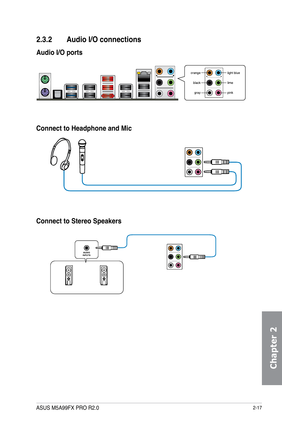 2 audio i/o connections, Audio i/o connections -17, Chapter 2 | Asus M5A99FX PRO R2.0 User Manual | Page 69 / 178