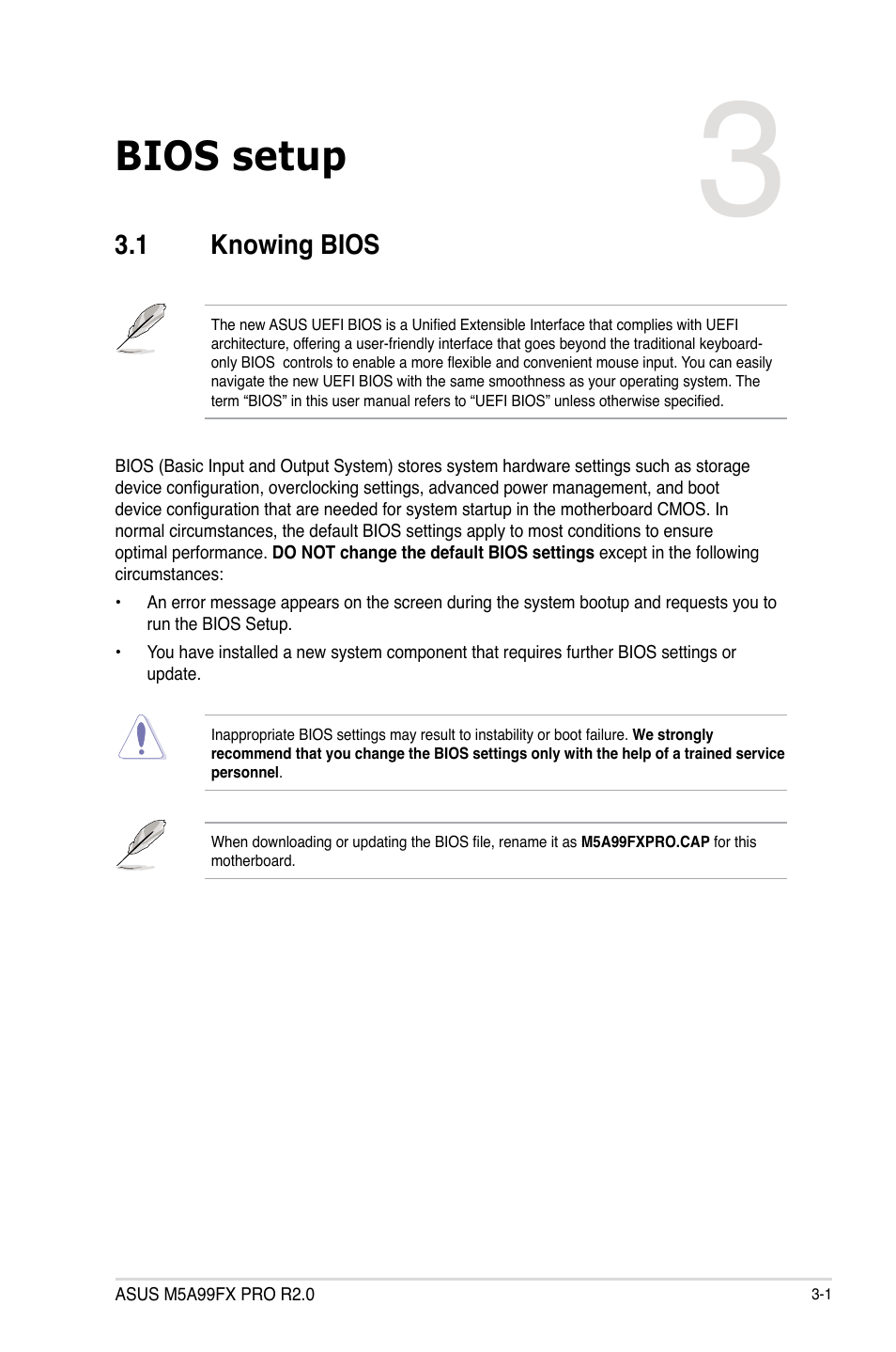 Bios setup, 1 knowing bios, Knowing bios -1 | Asus M5A99FX PRO R2.0 User Manual | Page 73 / 178