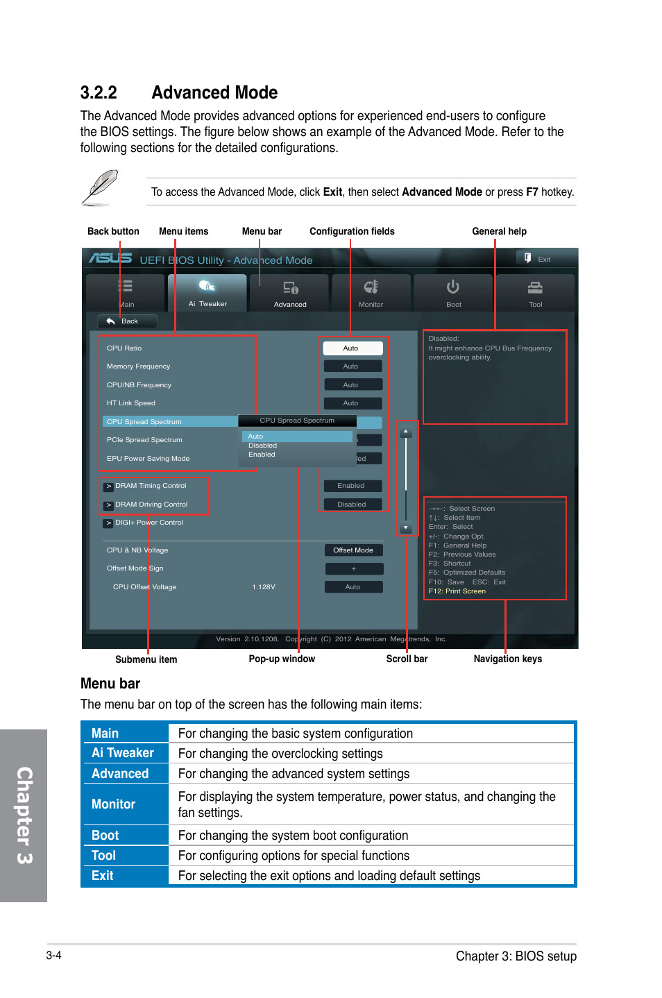 2 advanced mode, Advanced mode -4, Chapter 3 | Menu bar, Chapter 3: bios setup | Asus M5A99FX PRO R2.0 User Manual | Page 76 / 178