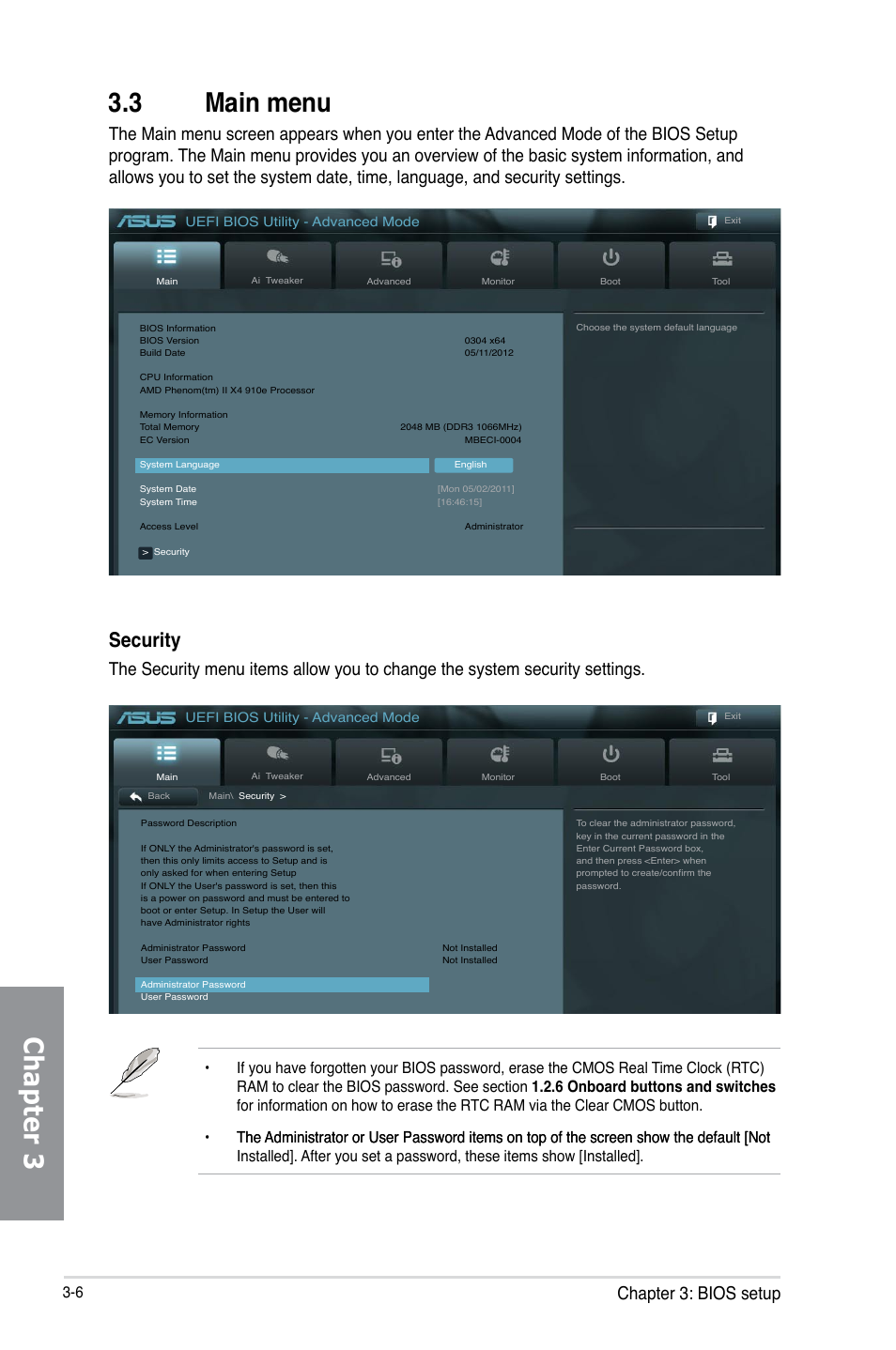 3 main menu, Main menu -6, Chapter 3 3.3 main menu | Security, Chapter 3: bios setup | Asus M5A99FX PRO R2.0 User Manual | Page 78 / 178