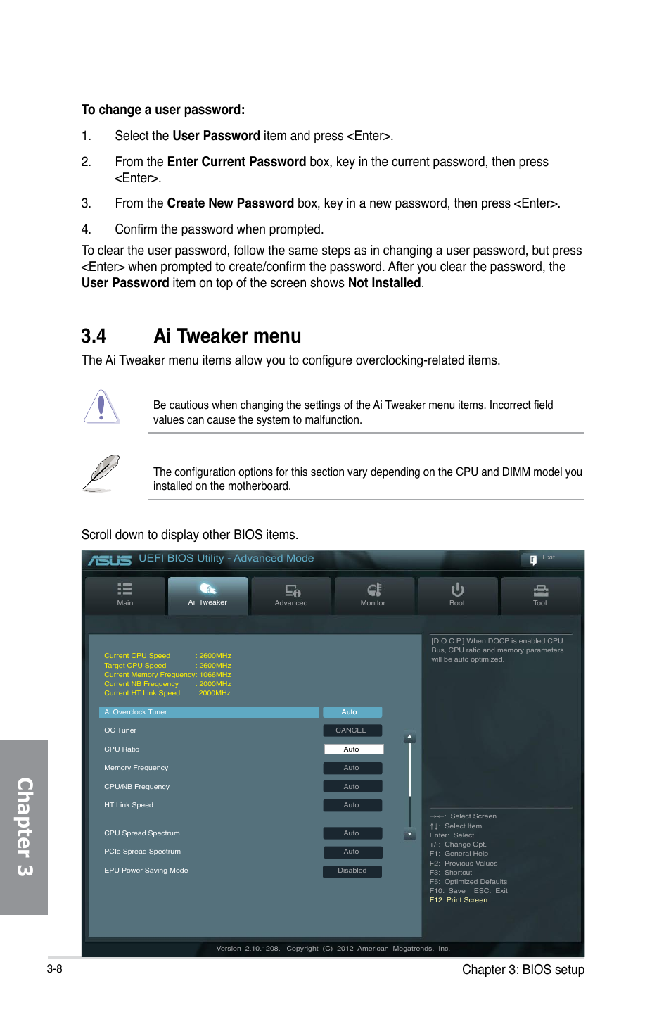 4 ai tweaker menu, Ai tweaker menu -8, Chapter 3 | Chapter 3: bios setup, Scroll down to display other bios items | Asus M5A99FX PRO R2.0 User Manual | Page 80 / 178