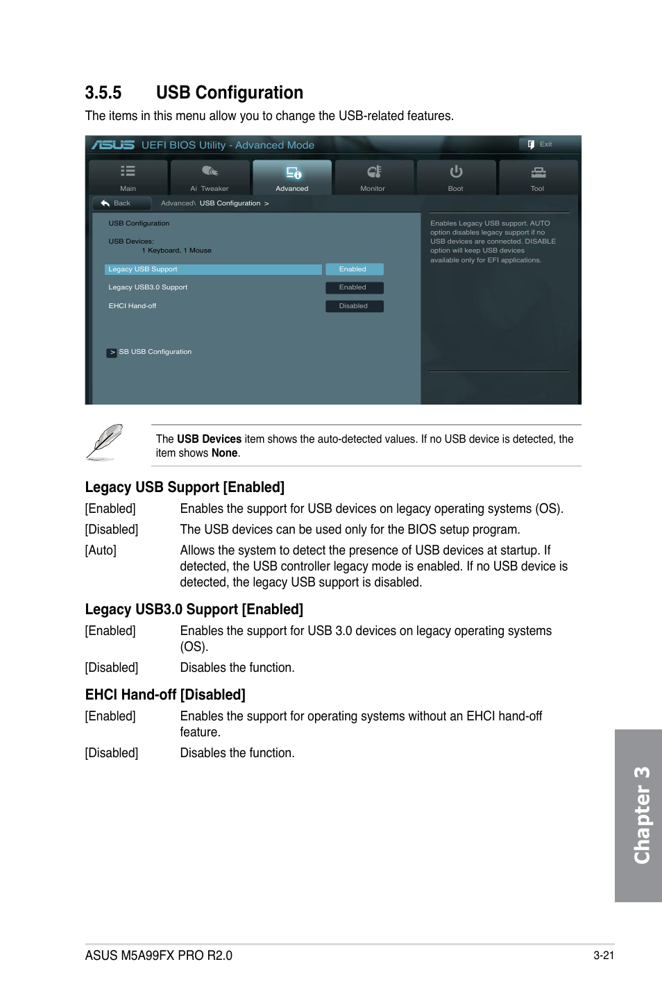 5 usb configuration, Usb configuration -21, Chapter 3 | Legacy usb support [enabled, Legacy usb3.0 support [enabled, Ehci hand-off [disabled | Asus M5A99FX PRO R2.0 User Manual | Page 93 / 178