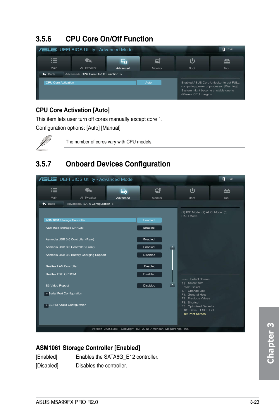 6 cpu core on/off function, 7 onboard devices configuration, Cpu core on/off function -23 | Onboard devices configuration -23, Chapter 3, Cpu core activation [auto, Asm1061 storage controller [enabled, The number of cores vary with cpu models | Asus M5A99FX PRO R2.0 User Manual | Page 95 / 178