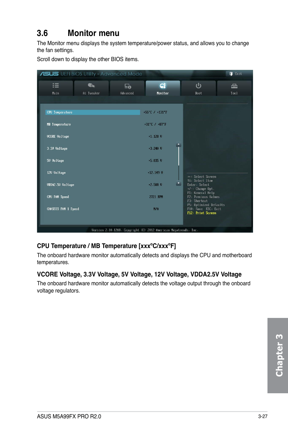 6 monitor menu, Monitor menu -27, Chapter 3 3.6 monitor menu | Asus M5A99FX PRO R2.0 User Manual | Page 99 / 178