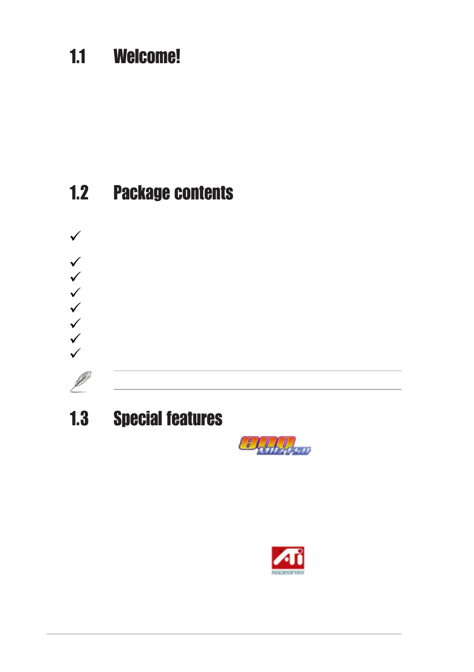 1 welcome, 2 package contents, 3 special features | Asus P4R800-VM User Manual | Page 12 / 64