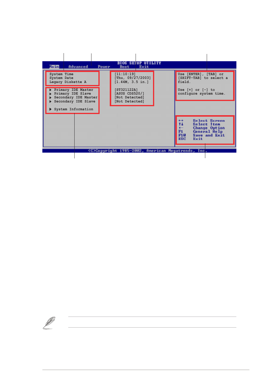 2 menu bar, 3 navigation keys, 1 bios menu screen | Asus P4R800-VM User Manual | Page 43 / 64