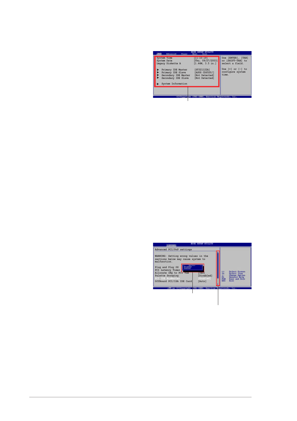 4 menu items, 5 sub-menu items, 6 configuration fields | 7 pop-up window, 8 scroll bar, 9 general help, 10 chapter 2: bios information | Asus P4R800-VM User Manual | Page 44 / 64