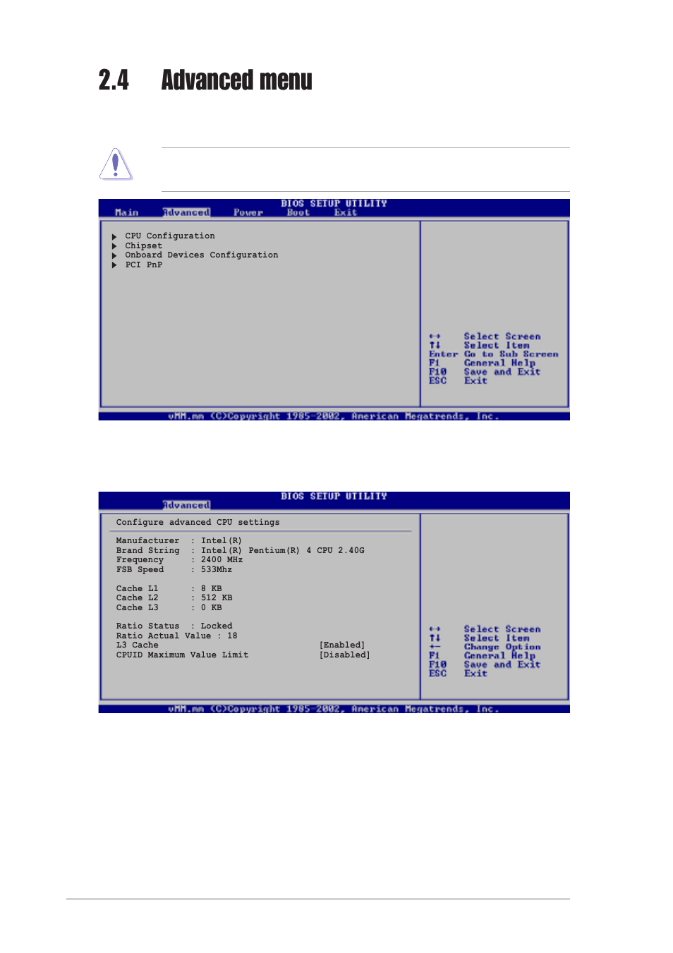 4 advanced menu, 1 cpu configuration, L3 cache [enabled | Cpuid maximum value limit [disabled | Asus P4R800-VM User Manual | Page 48 / 64