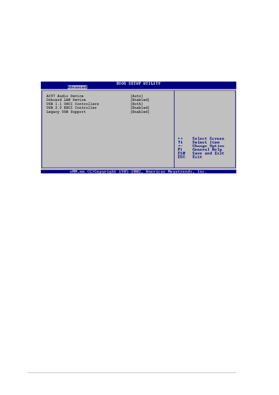 Uma frame buffer size [64mb, Southbridge configuration ac97 audio device [auto, Onboard lan device [enabled | Usb 1.1 ohci controllers [both, Usb 2.0 ehci controller [enabled, Legacy usb support [enabled, 16 chapter 2: bios information | Asus P4R800-VM User Manual | Page 50 / 64