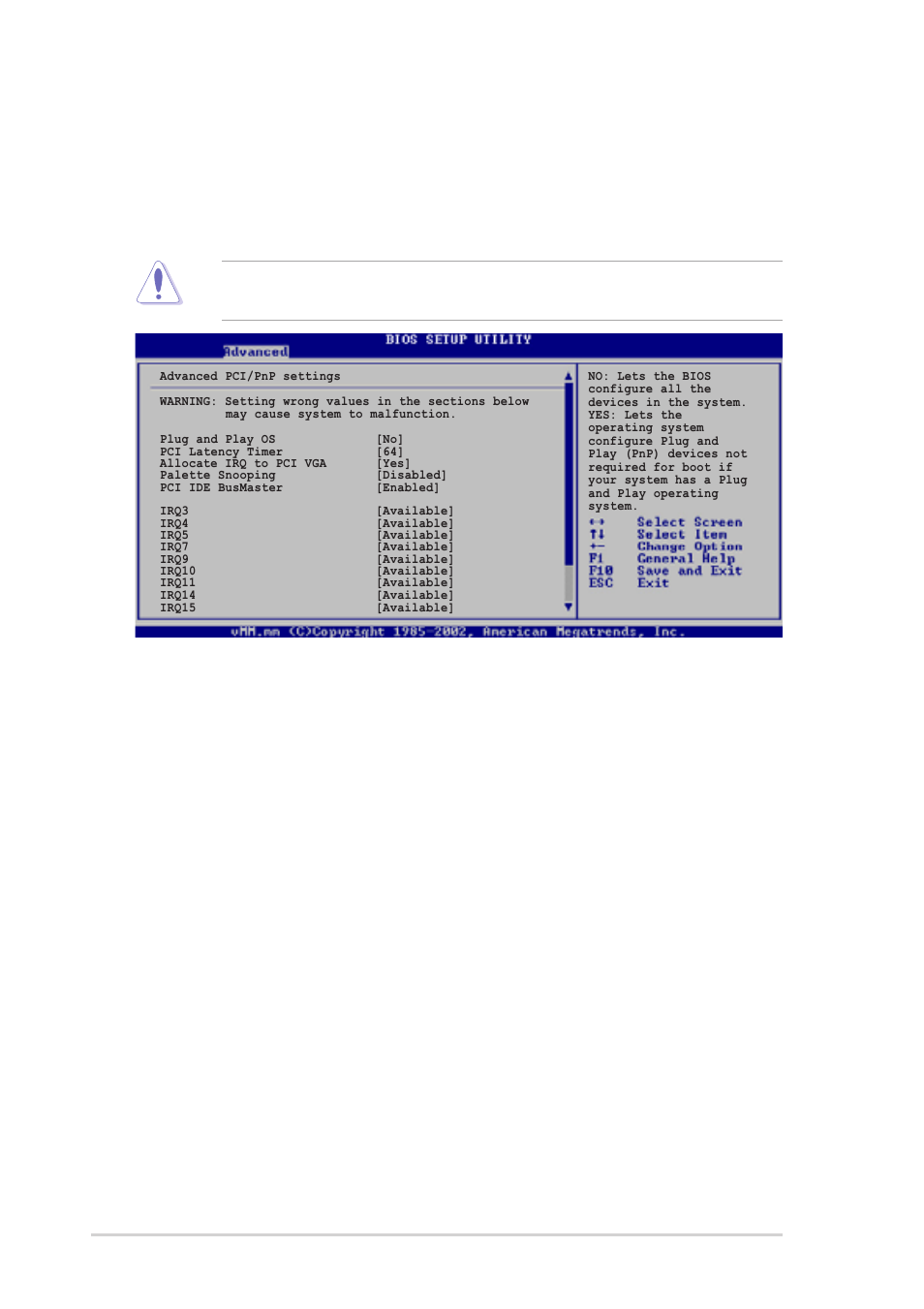 4 pci pnp, Plug and play o/s [no, Pci latency timer [64 | Allocate irq to pci vga [yes, Pallete snooping [disabled, Pci ide busmaster [enabled, 18 chapter 2: bios information | Asus P4R800-VM User Manual | Page 52 / 64