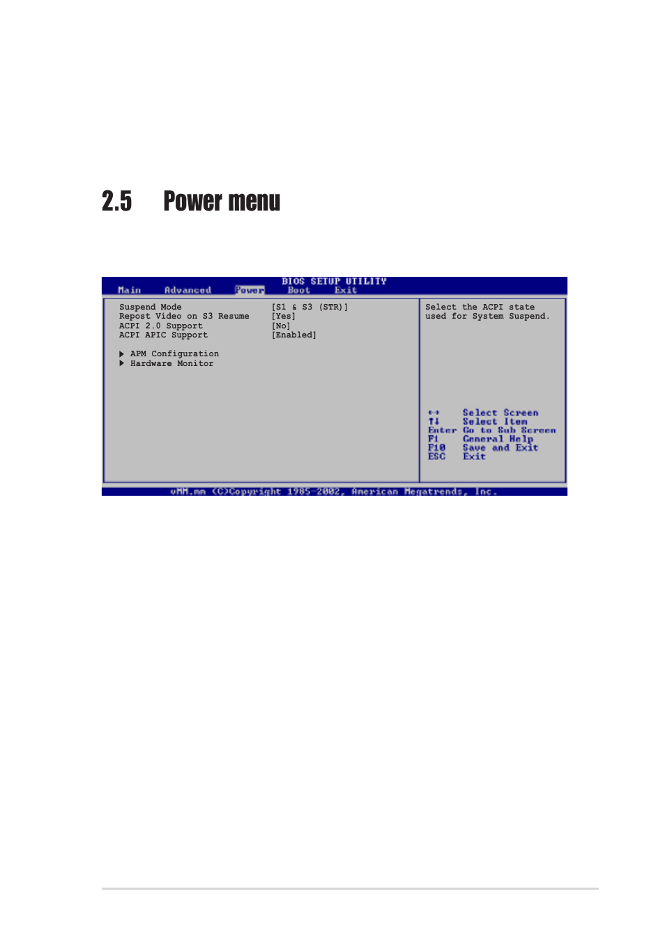 5 power menu, 1 suspend mode [s1 & s3 (str), 2 repost video on s3 resume [yes | 3 acpi 2.0 support [no, 4 acpi apic support [enabled | Asus P4R800-VM User Manual | Page 53 / 64