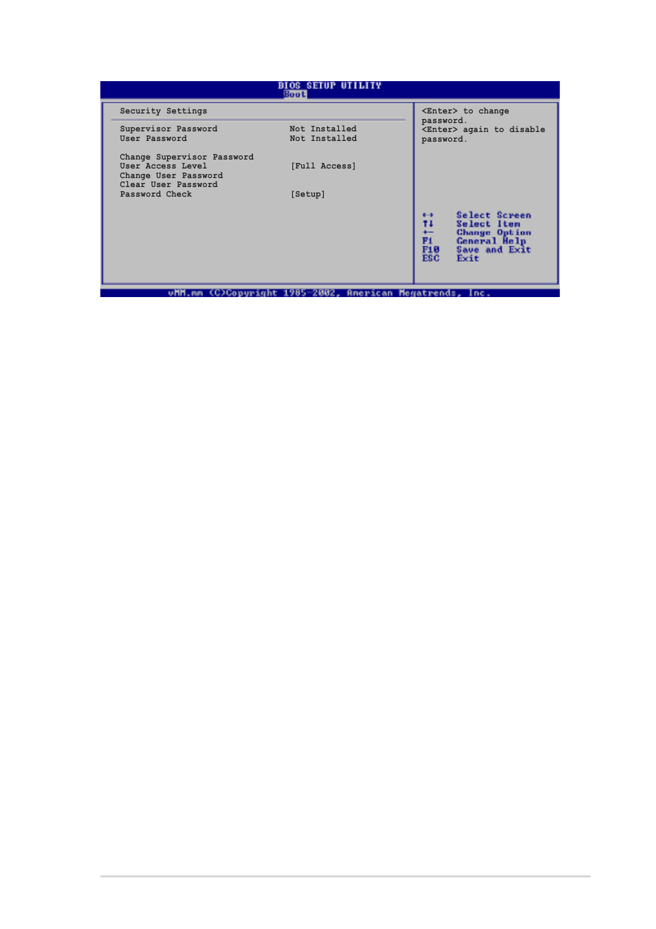 User access level (full access, Change user password, Clear user password | Password check [setup | Asus P4R800-VM User Manual | Page 59 / 64