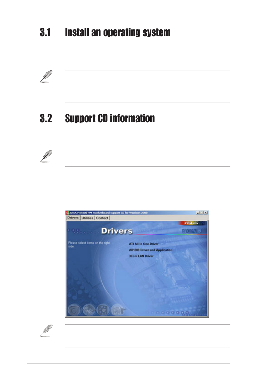 1 install an operating system, 2 support cd information, 1 running the support cd | Asus P4R800-VM User Manual | Page 62 / 64