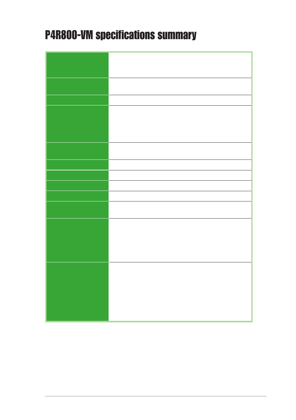 P4r800-vm specifications summary | Asus P4R800-VM User Manual | Page 9 / 64