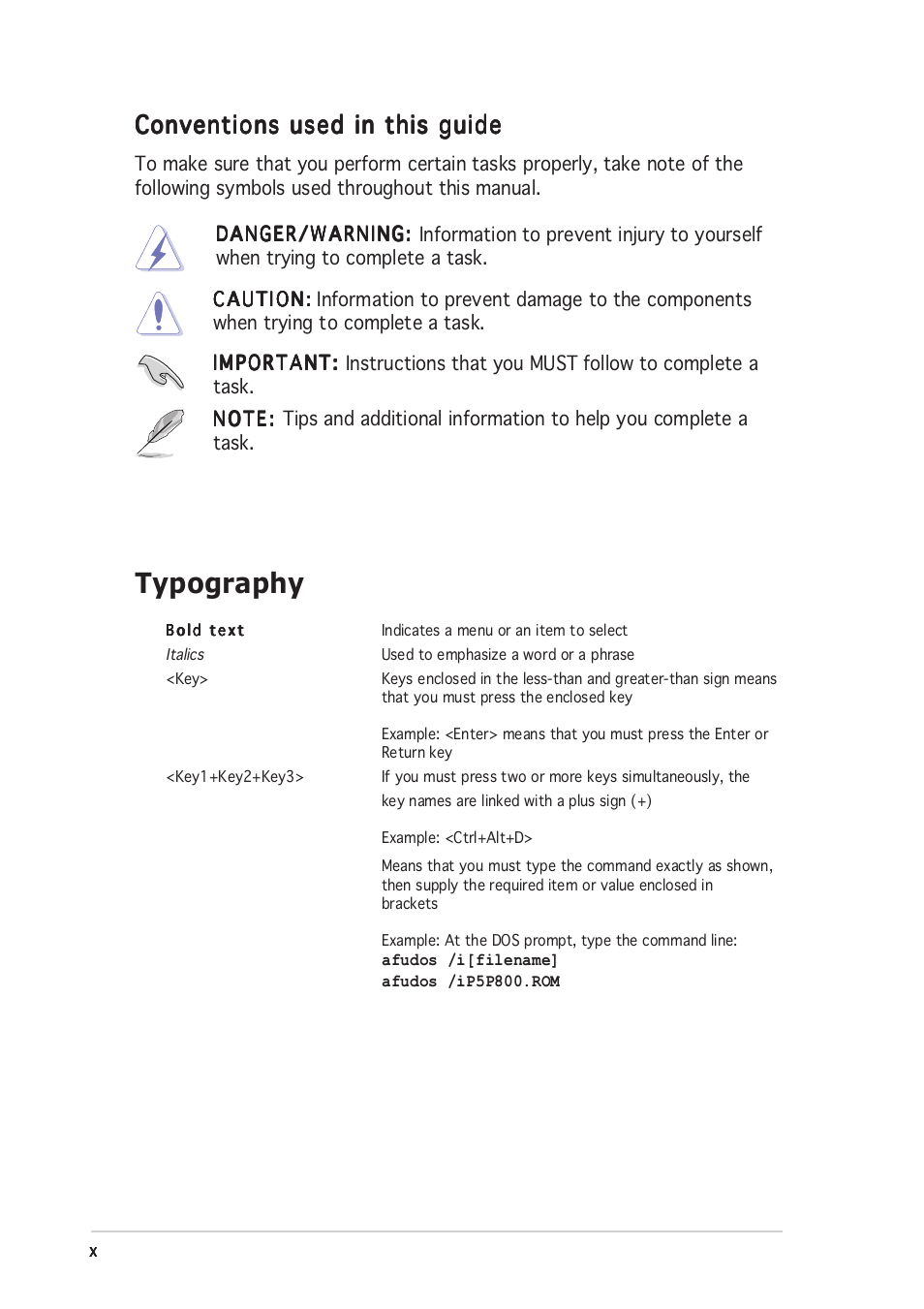 Typography, Conventions used in this guide | Asus P5P800 User Manual | Page 10 / 116