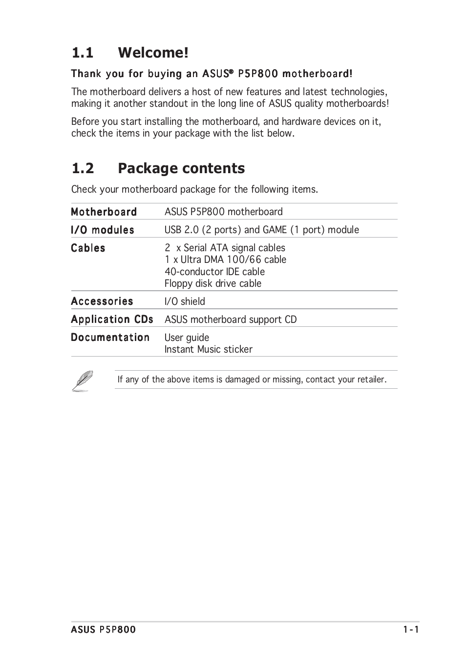 1 welcome, 2 package contents | Asus P5P800 User Manual | Page 15 / 116