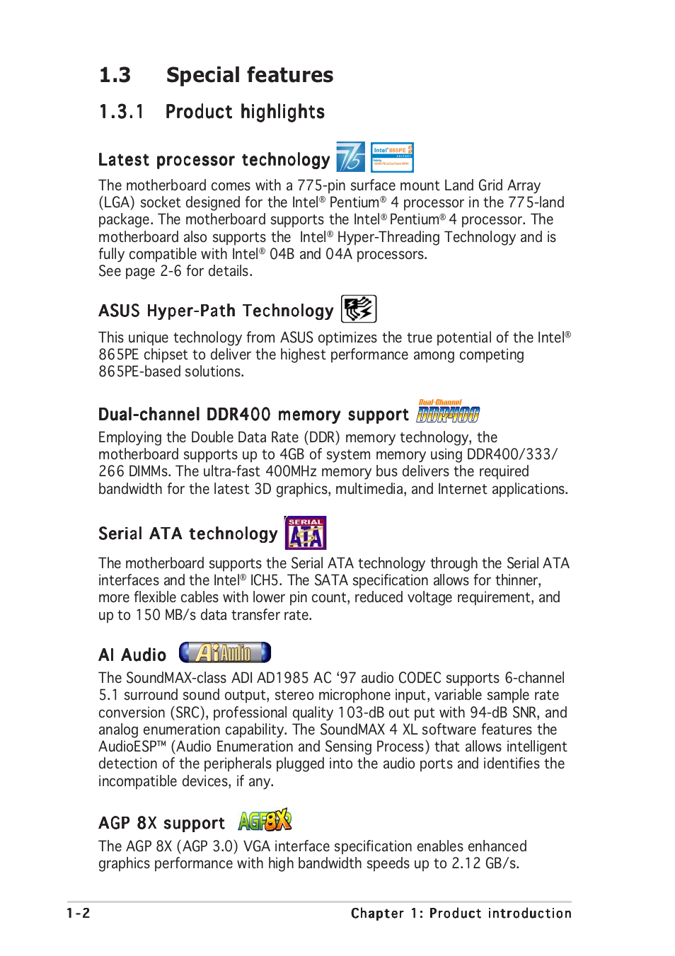 3 special features | Asus P5P800 User Manual | Page 16 / 116