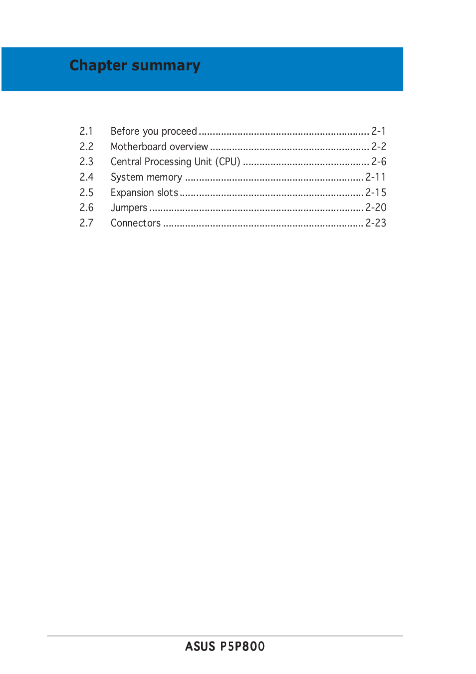 Chapter summary | Asus P5P800 User Manual | Page 20 / 116