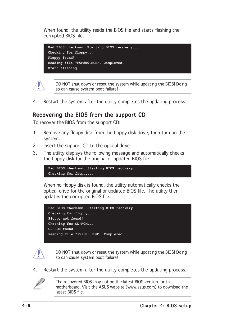 Recovering the bios from the support cd | Asus P5P800 User Manual | Page 66 / 116