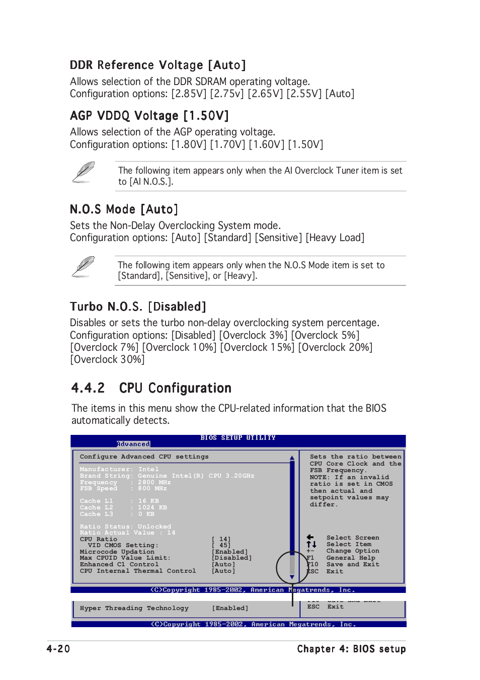 Ddr reference voltage [auto, Agp vddq voltage [1.50v, N.o.s mode [auto | Turbo n.o.s. [disabled | Asus P5P800 User Manual | Page 80 / 116