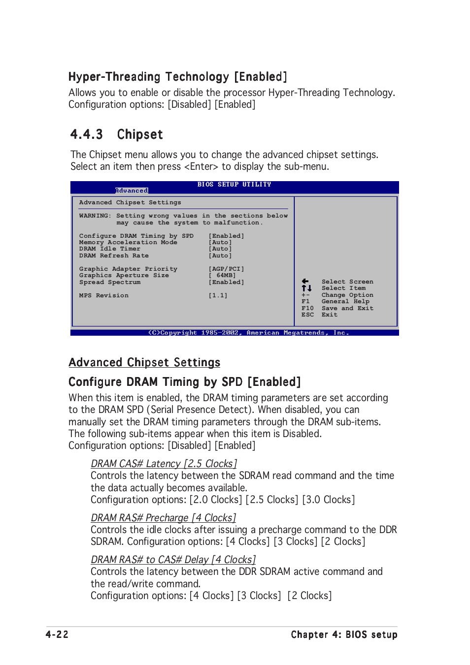 3 chipset chipset chipset chipset chipset, Hyper-threading technology [enabled, Advanced chipset settings | Asus P5P800 User Manual | Page 82 / 116