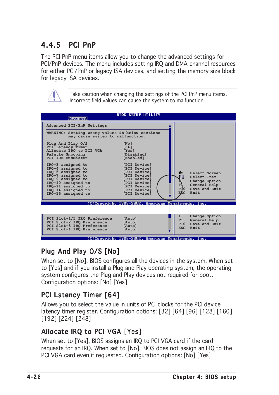 5 pci pnp pci pnp pci pnp pci pnp pci pnp, Plug and play o/s [no, Pci latency timer [64 | Allocate irq to pci vga [yes | Asus P5P800 User Manual | Page 86 / 116