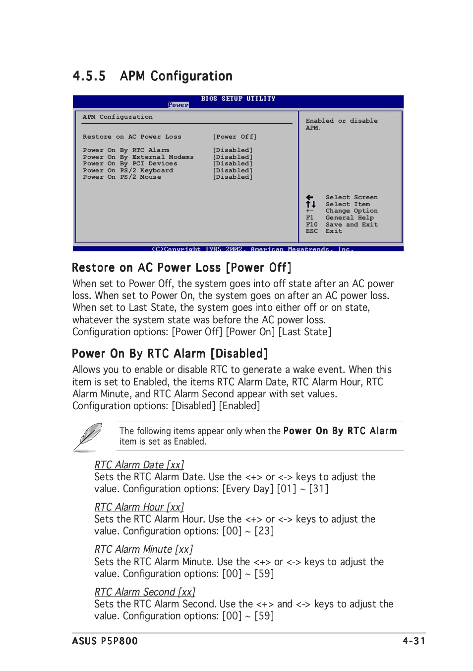 Restore on ac power loss [power off, Power on by rtc alarm [disabled | Asus P5P800 User Manual | Page 91 / 116