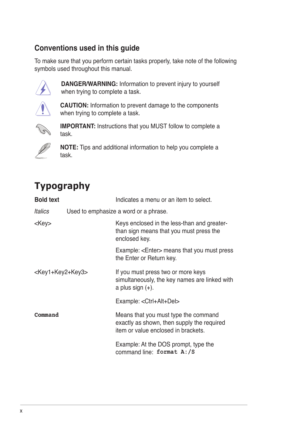 Typography, Conventions used in this guide | Asus KGNH-D16 User Manual | Page 10 / 152