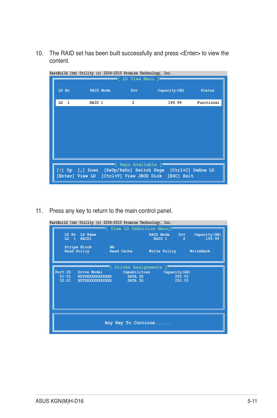 Press any key to return to the main control panel | Asus KGNH-D16 User Manual | Page 107 / 152