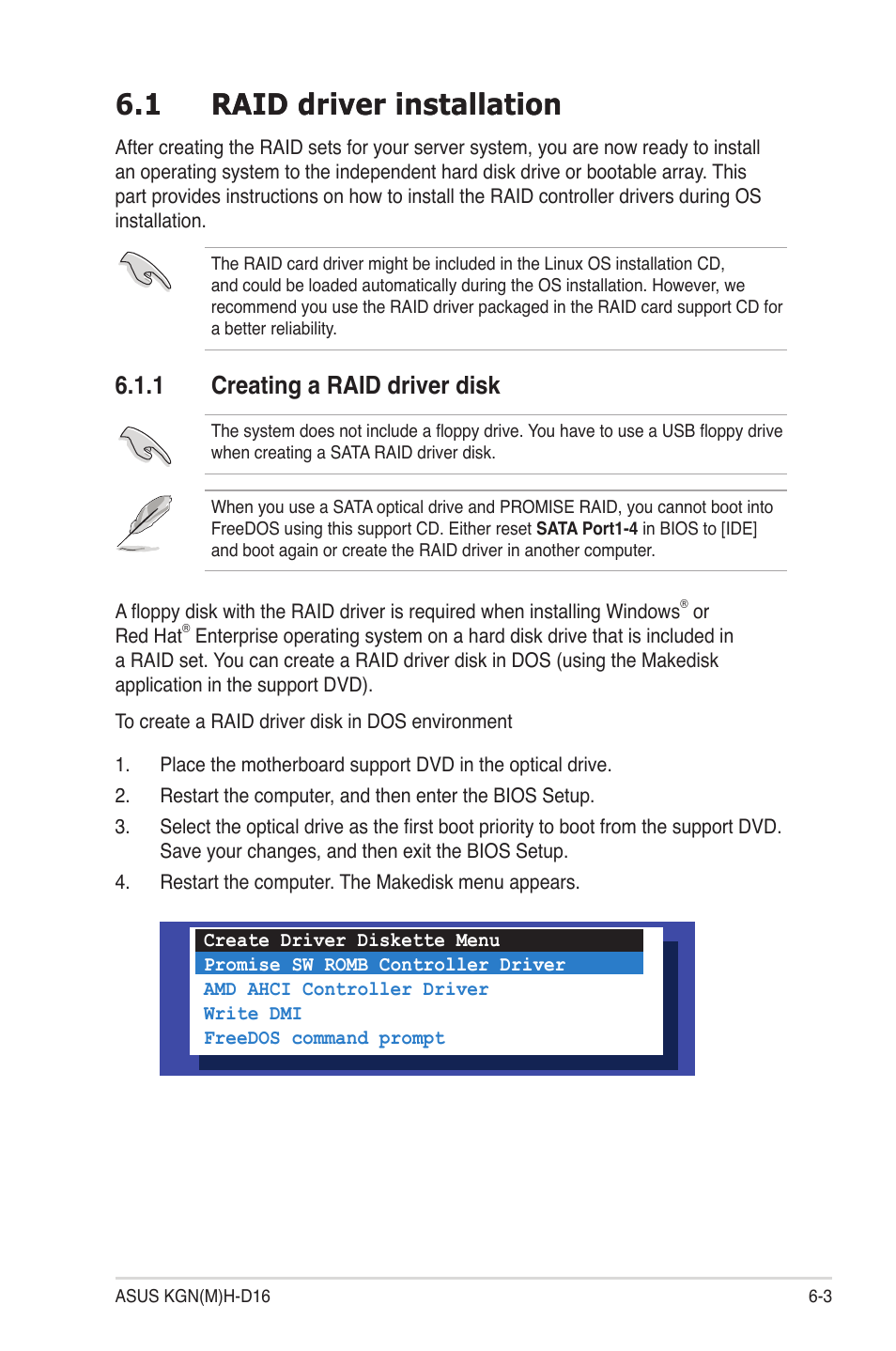 1 raid driver installation, 1 creating a raid driver disk, Raid driver installation -3 6.1.1 | Creating a raid driver disk -3 | Asus KGNH-D16 User Manual | Page 115 / 152