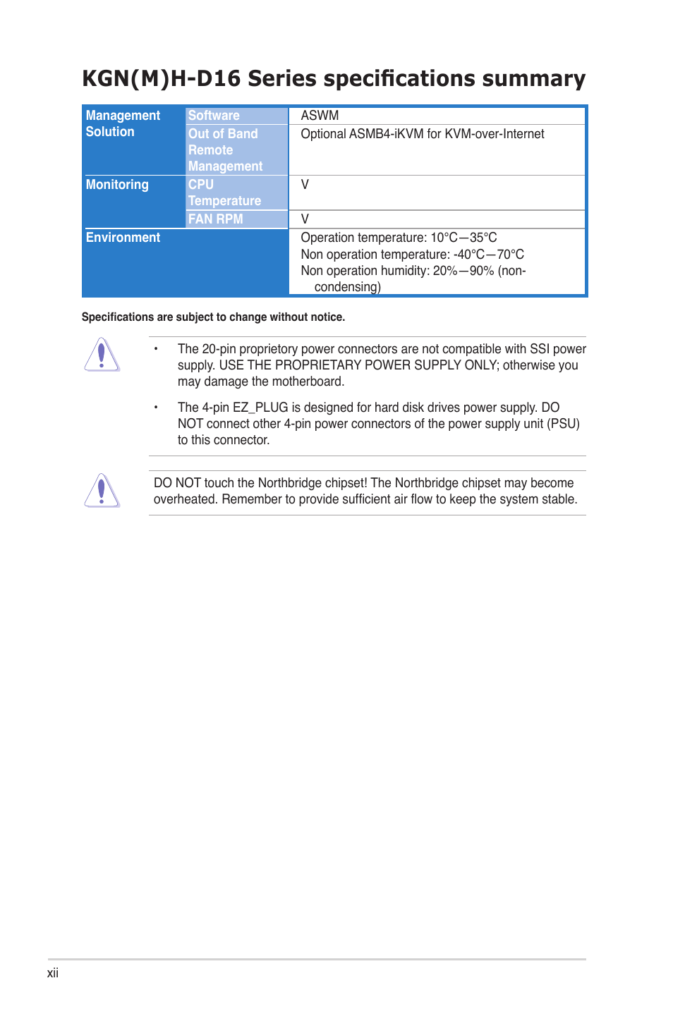 Kgn(m)h-d16 series specifications summary | Asus KGNH-D16 User Manual | Page 12 / 152