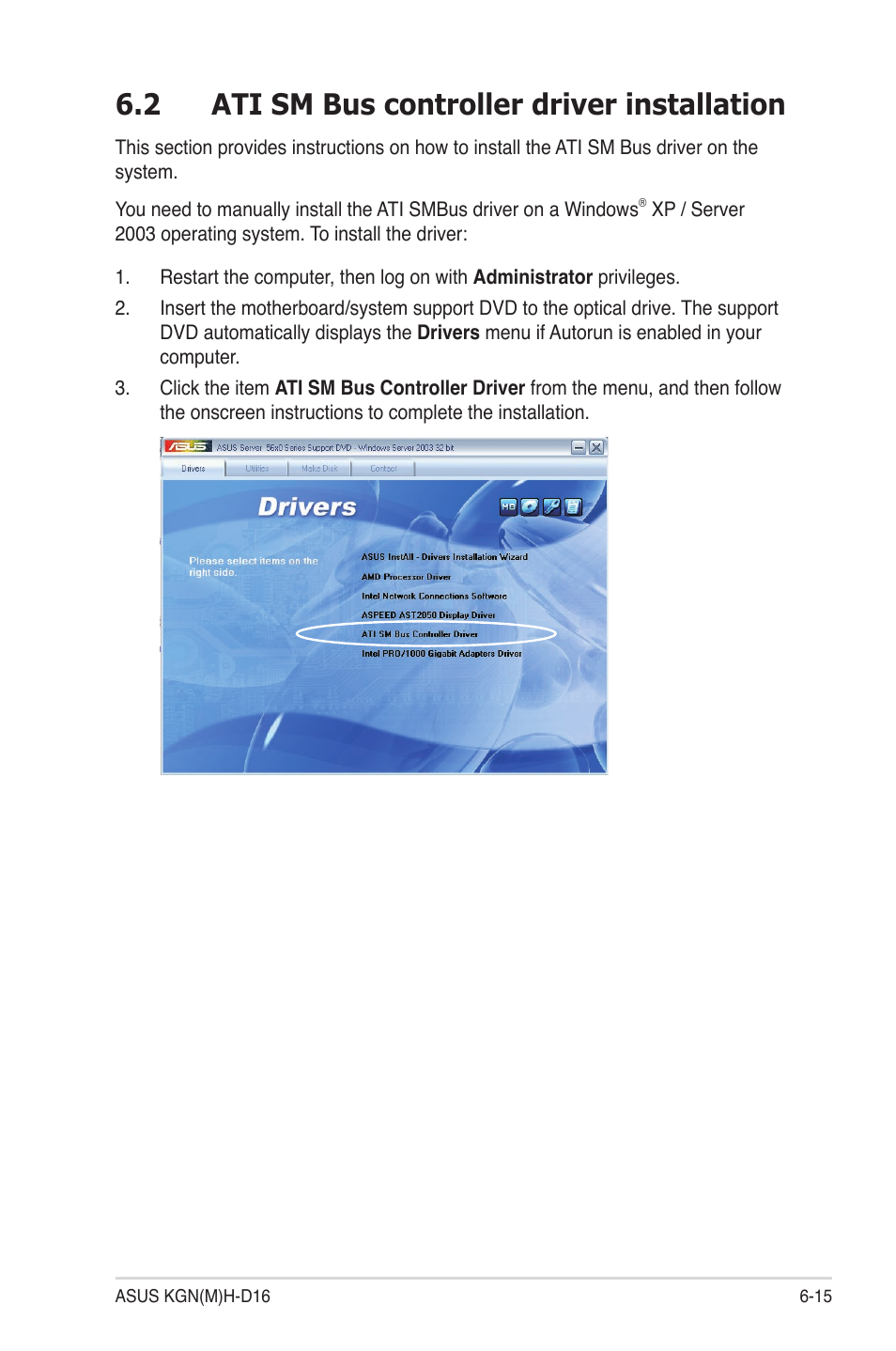 2 ati sm bus controller driver installation, Ati sm bus controller driver installation -15 | Asus KGNH-D16 User Manual | Page 127 / 152