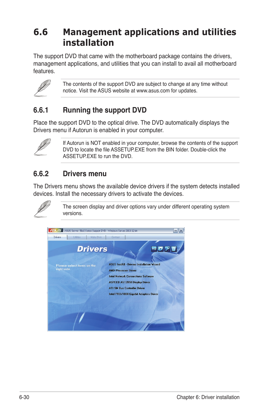 1 running the support dvd, 2 drivers menu, Running the support dvd -30 | Drivers menu -30 | Asus KGNH-D16 User Manual | Page 142 / 152