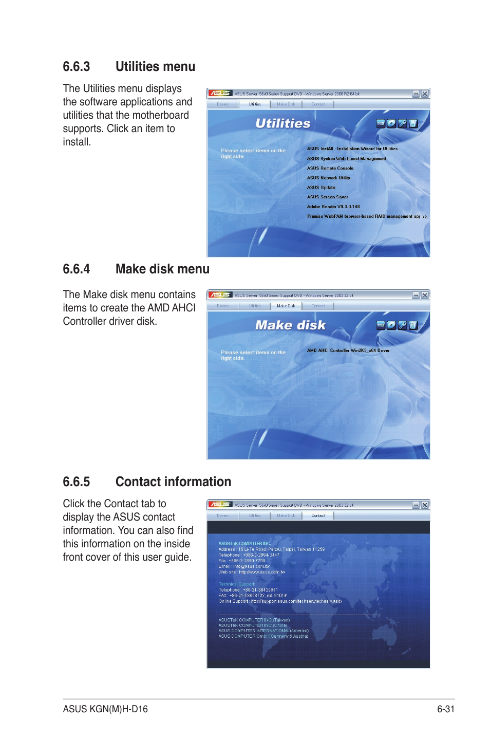 3 utilities menu, 4 make disk menu, 5 contact information | Utilities menu -31, Make disk menu -31, Contact information -31 | Asus KGNH-D16 User Manual | Page 143 / 152