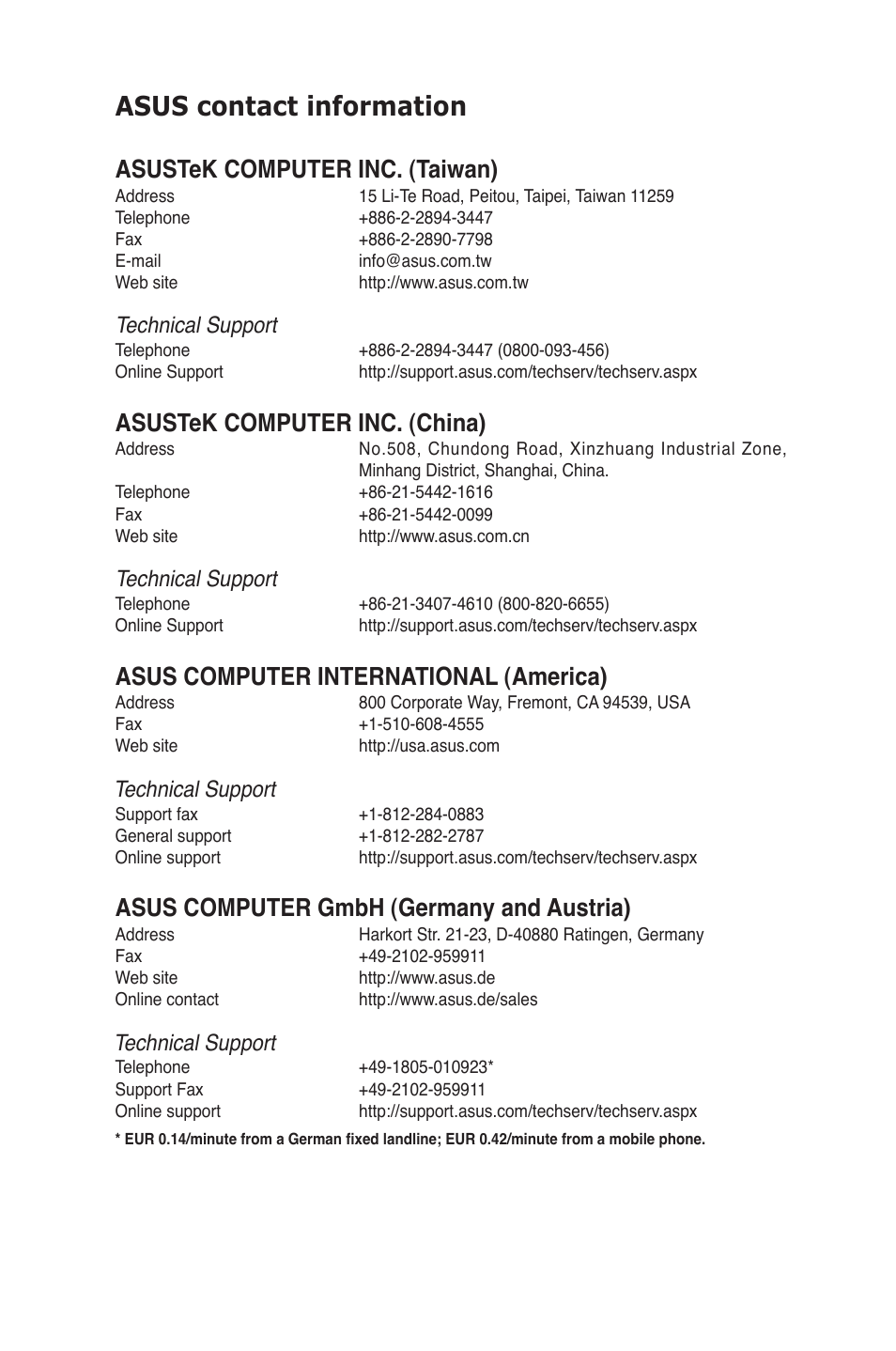 Asus contact information, Asustek computer inc. (taiwan), Asustek computer inc. (china) | Asus computer international (america), Asus computer gmbh (germany and austria), Technical support | Asus KGNH-D16 User Manual | Page 149 / 152