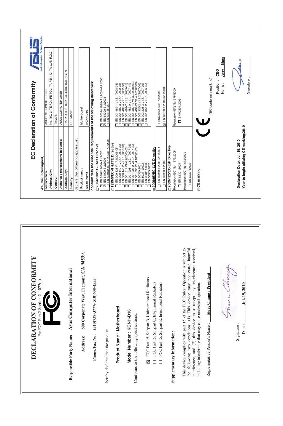 Declaration of conformity, Ec declaration of conformity, Asu s c om pu te r i nt er na tio na l | Asus KGNH-D16 User Manual | Page 150 / 152