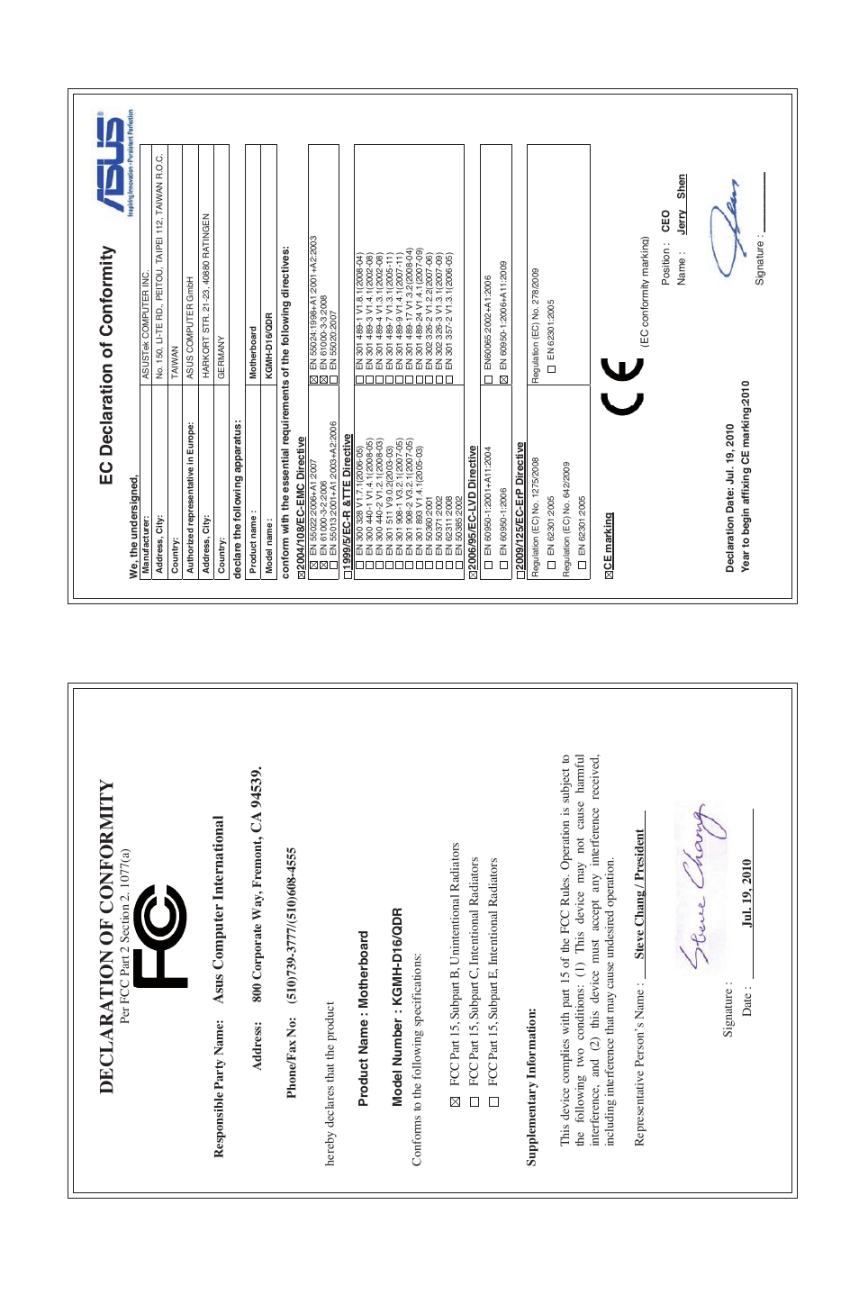 Declaration of conformity, Ec declaration of conformity, Asu s c om pu te r i nt er na tio na l | Asus KGNH-D16 User Manual | Page 151 / 152