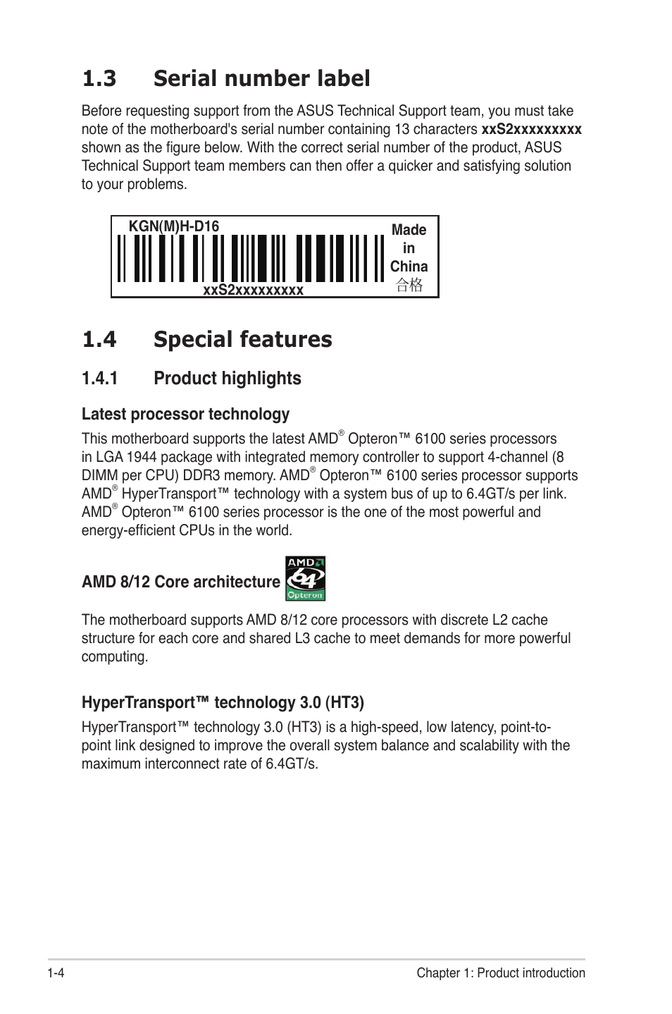 3 serial number label, 4 special features, 1 product highlights | Serial number label -4, Special features -4 1.4.1, Product highlights -4 | Asus KGNH-D16 User Manual | Page 16 / 152