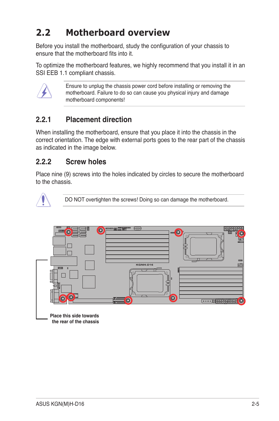 2 motherboard overview, 1 placement direction, 2 screw holes | Motherboard overview -5 2.2.1, Placement direction -5, Screw holes -5 | Asus KGNH-D16 User Manual | Page 23 / 152