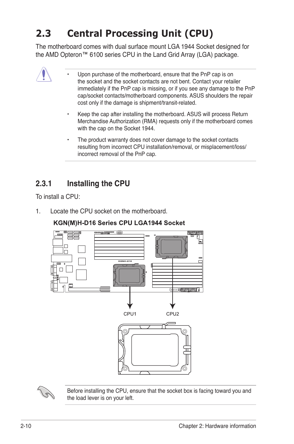 3 central processing unit (cpu), 1 installing the cpu, Central processing unit (cpu) -10 2.3.1 | Installing the cpu -10 | Asus KGNH-D16 User Manual | Page 28 / 152