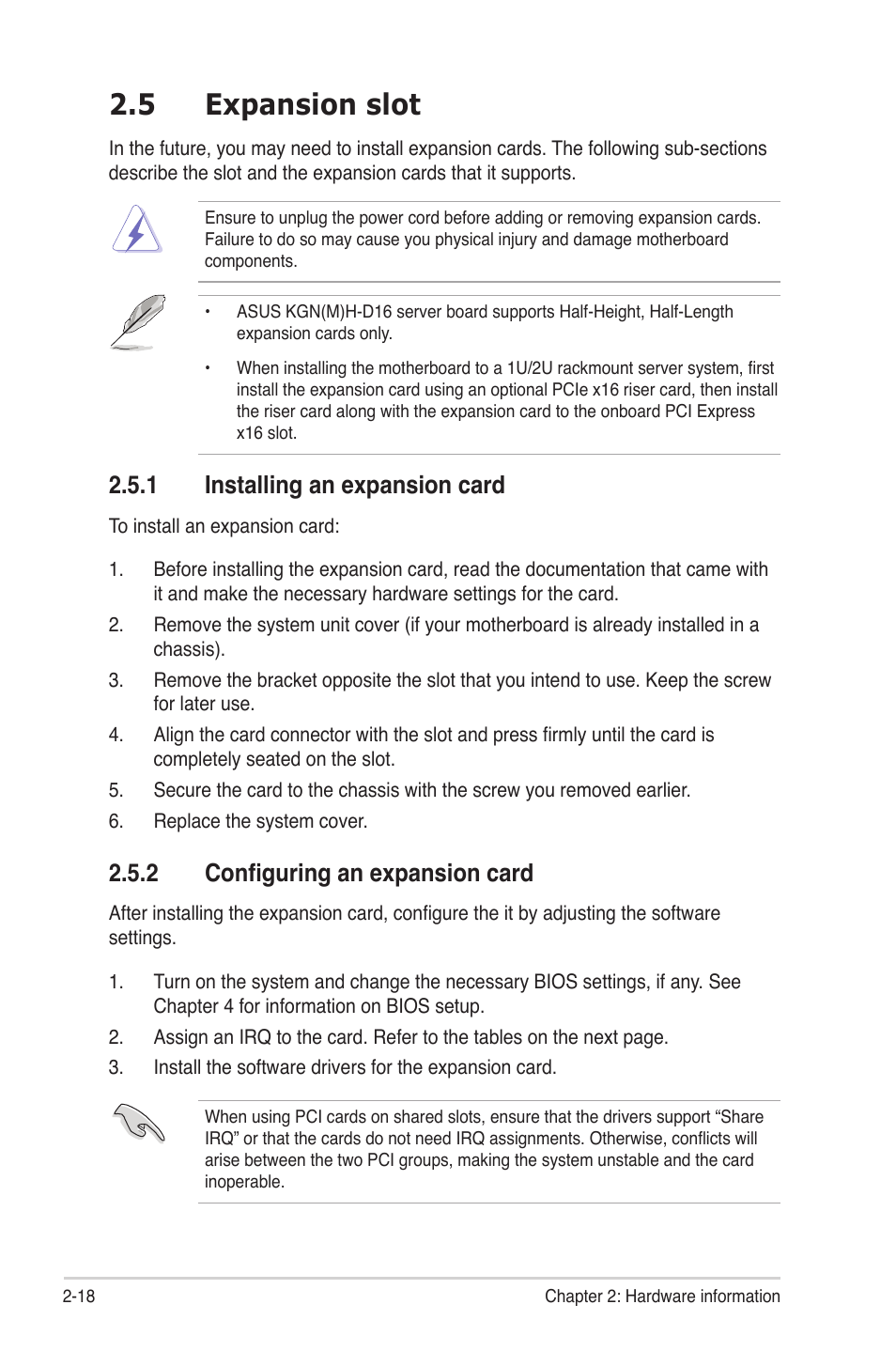 5 expansion slot, 1 installing an expansion card, 2 configuring an expansion card | Expansion slot -18 2.5.1, Installing an expansion card -18, Configuring an expansion card -18 | Asus KGNH-D16 User Manual | Page 36 / 152