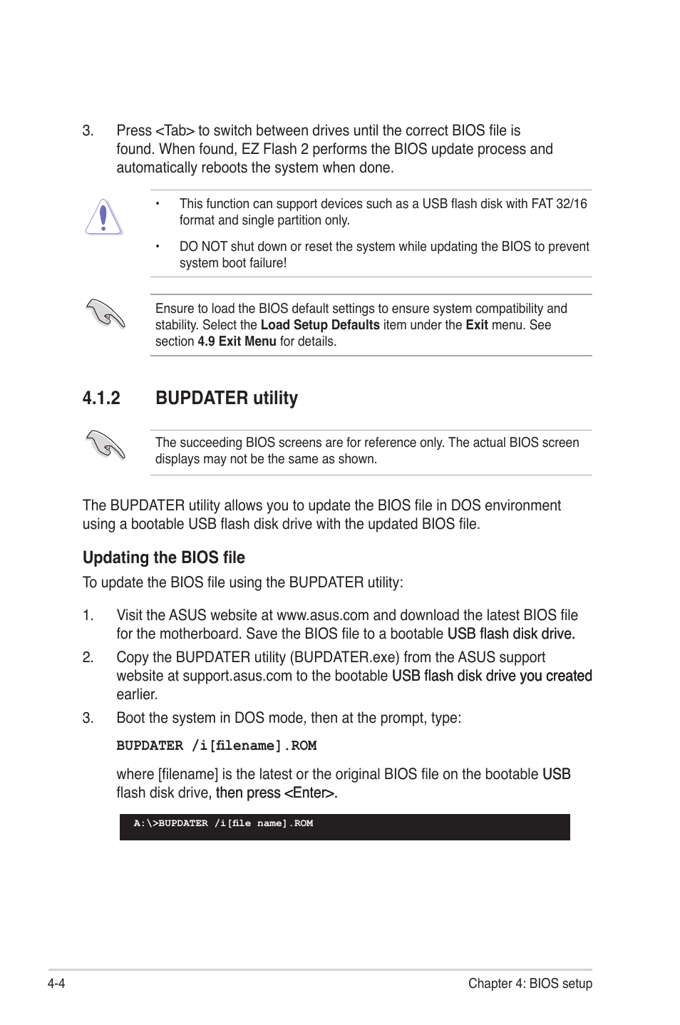 2 bupdater utility, Bupdater utility -4, Updating the bios file | Asus KGNH-D16 User Manual | Page 62 / 152