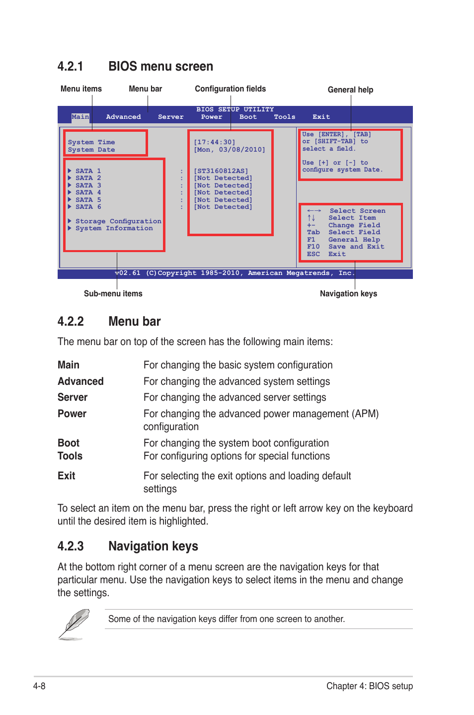 1 bios menu screen, 2 menu bar, 3 navigation keys | Bios menu screen -8, Menu bar -8, Navigation keys -8 | Asus KGNH-D16 User Manual | Page 66 / 152