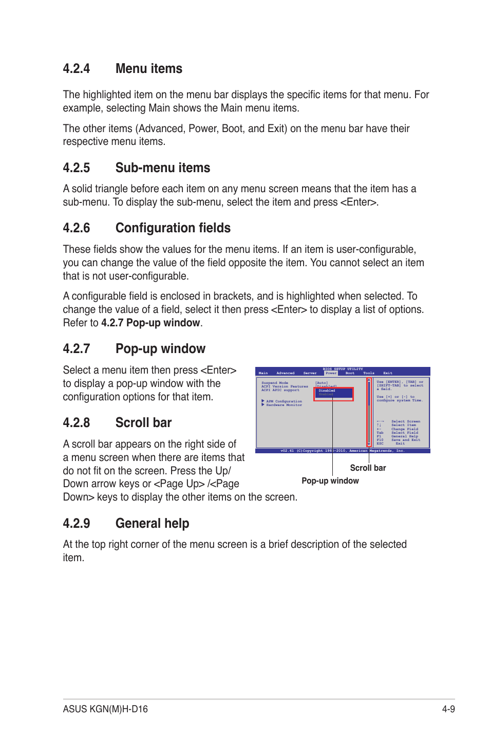 4 menu items, 5 sub-menu items, 6 configuration fields | 7 pop-up window, 8 scroll bar, 9 general help, Menu items -9, Sub-menu items -9, Configuration fields -9, Pop-up window -9 | Asus KGNH-D16 User Manual | Page 67 / 152