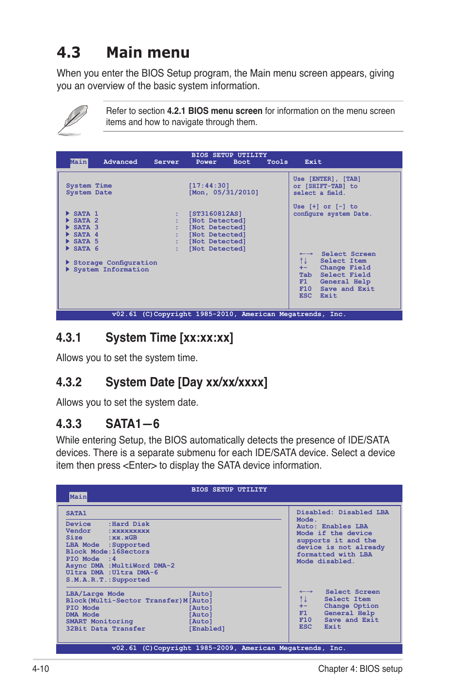 3 main menu, 1 system time [xx:xx:xx, 2 system date [day xx/xx/xxxx | 3 sata1—6, Main menu -10 4.3.1, System time -10, System date -10, Sata1—6 -10, Allows you to set the system time, Allows you to set the system date | Asus KGNH-D16 User Manual | Page 68 / 152