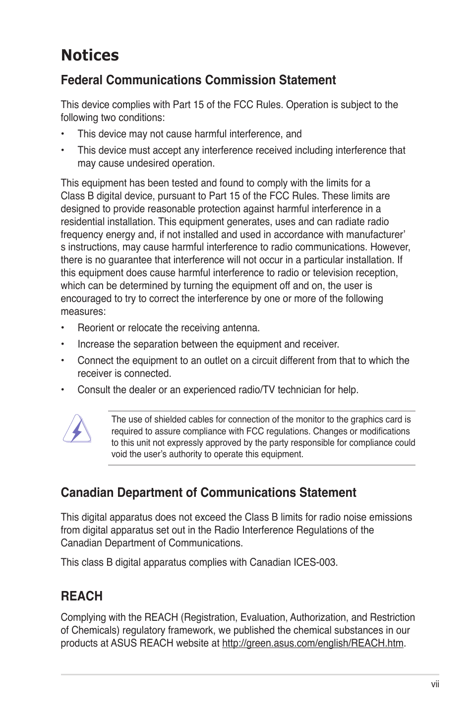 Notices, Federal communications commission statement, Canadian department of communications statement | Reach | Asus KGNH-D16 User Manual | Page 7 / 152