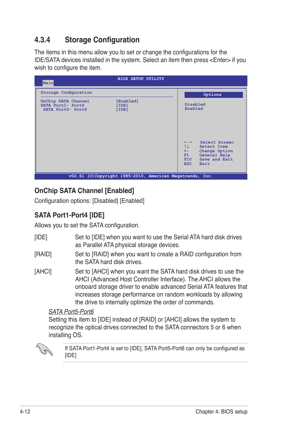 4 storage configuration, Storage configuration -12, Onchip sata channel [enabled | Sata port1-port4 [ide | Asus KGNH-D16 User Manual | Page 70 / 152