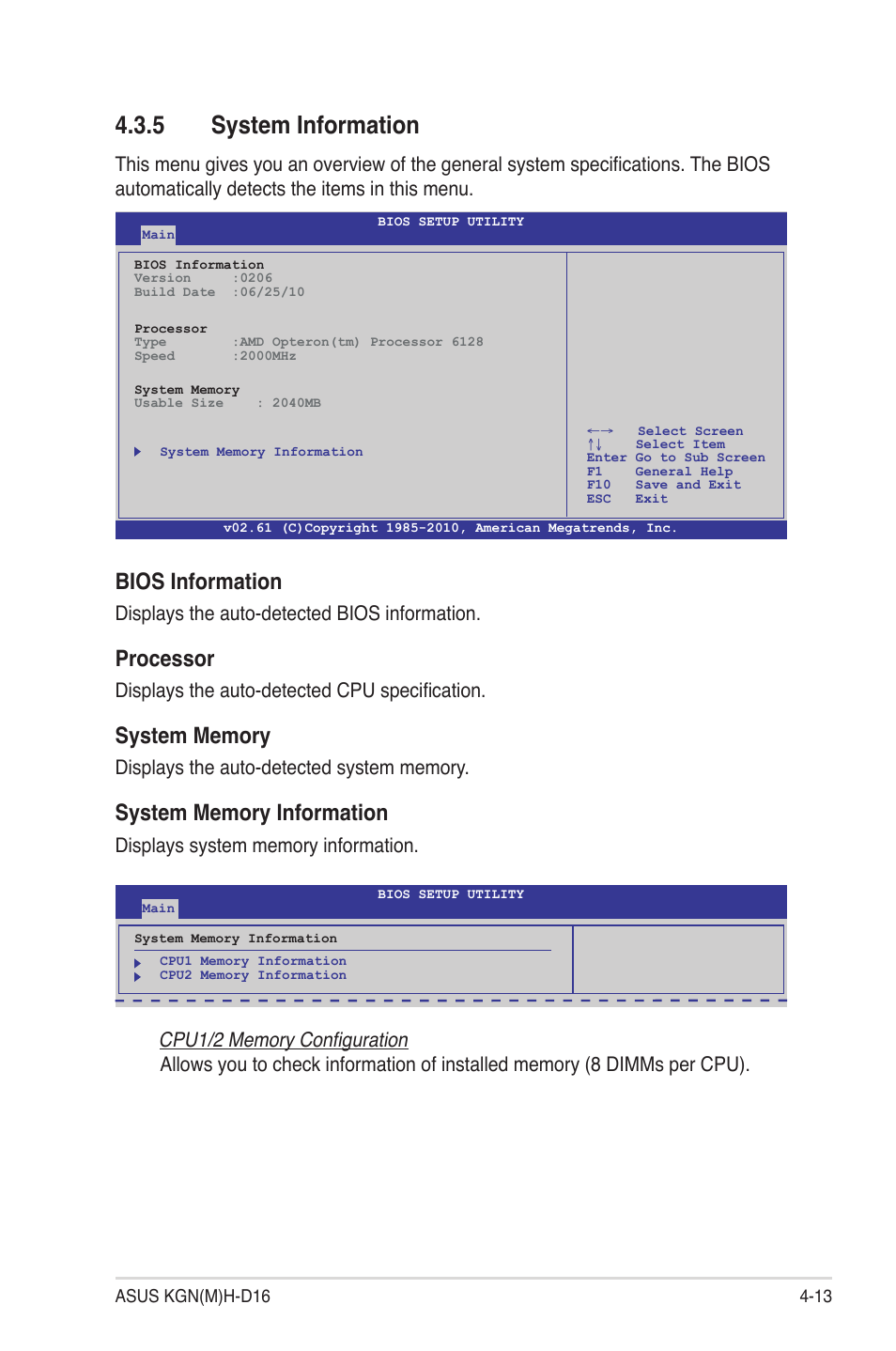 5 system information, System information -13, Bios information | Processor, Displays the auto-detected bios information, Displays the auto-detected cpu specification | Asus KGNH-D16 User Manual | Page 71 / 152