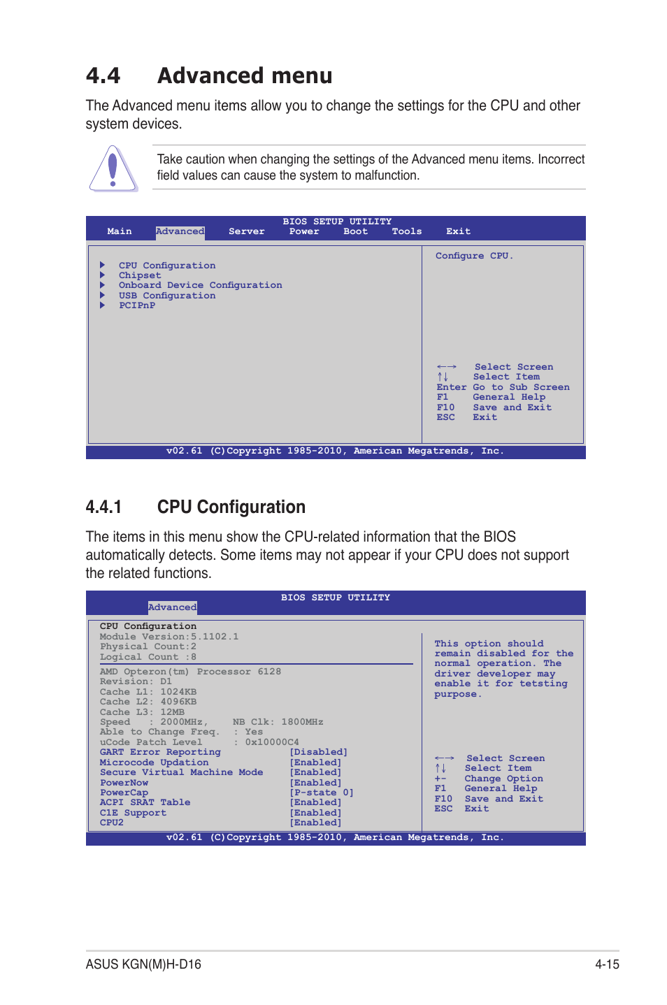 4 advanced menu, 1 cpu configuration, Advanced menu -15 4.4.1 | Cpu configuration -15 | Asus KGNH-D16 User Manual | Page 73 / 152