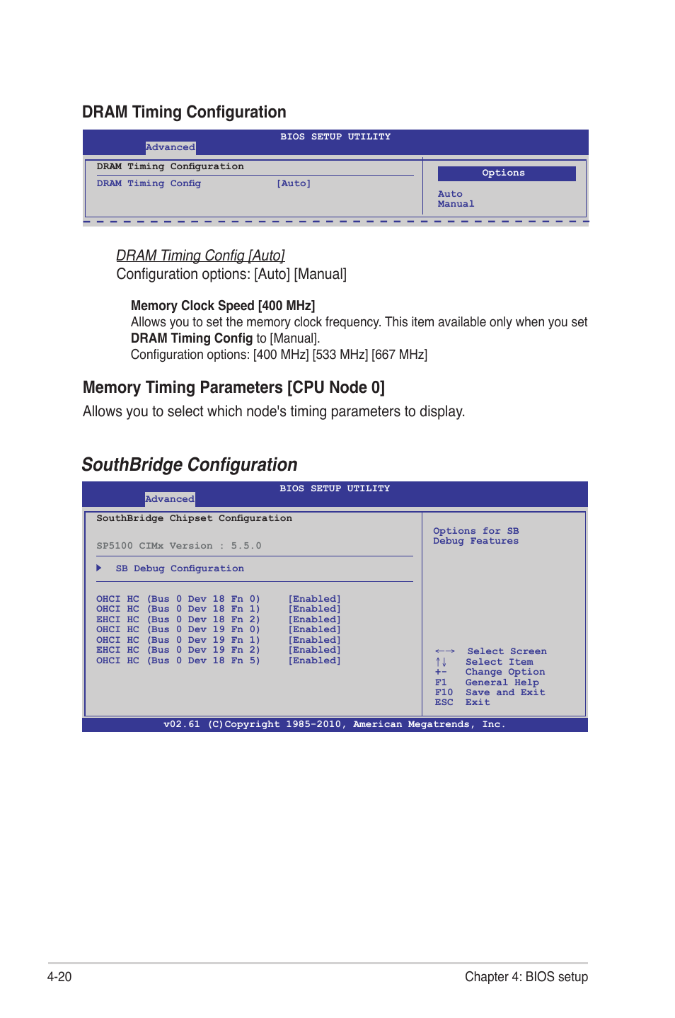 Southbridge configuration, Dram timing configuration | Asus KGNH-D16 User Manual | Page 78 / 152